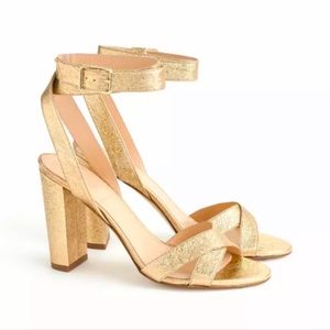 J Crew Block heeled ankle wrap sandal in crackled gold leather.